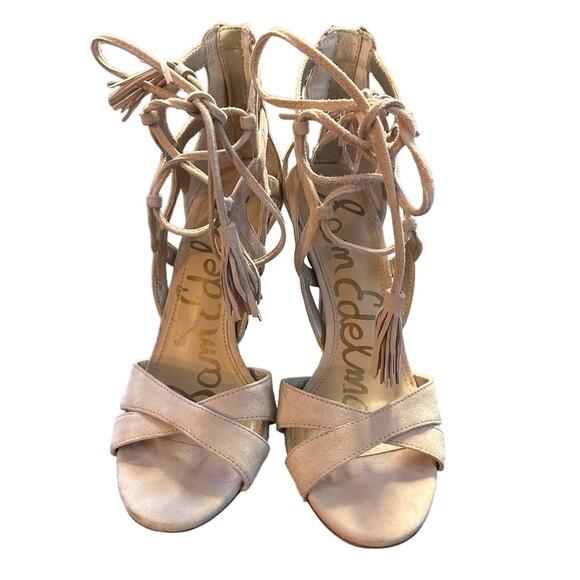 Sam Edelman Suede Azela Ivory Lace Up Strappy Heels Size 8.5 Buff Tan - Picture 3 of 9